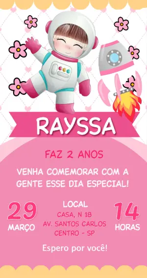 Convite de Aniversário Astronauta Menina Rosa para Editar