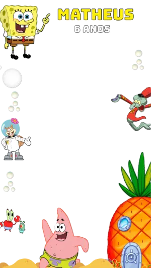 Moldura de Aniversário Bob Esponja com Personagens para Editar