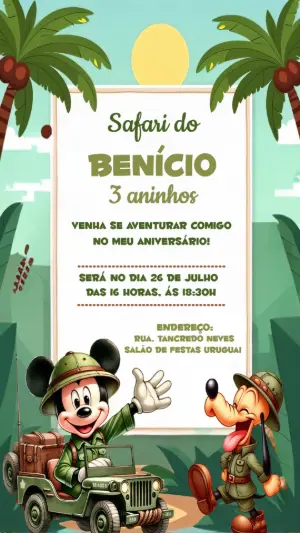 Convite Aniversário Safari com Mickey e Pluto para Editar
