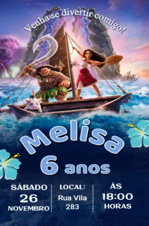 Convite Aniversário Moana com Personagens para Editar Online