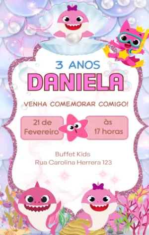 Convite Aniversário Baby Shark Rosa para Editar Online