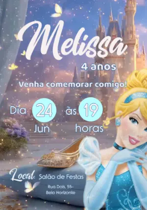 Convite Digital Aniversário Princesa Cinderela para Editar