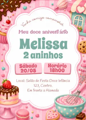 Convite de Aniversário Confeitaria Rosa Editável