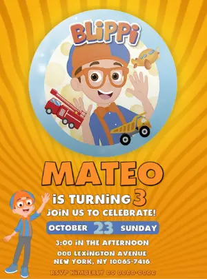 Blippi Birthday Invitation with Fun Vehicles to Edit Online