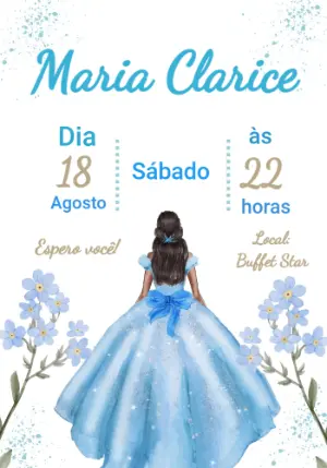 Convite 15 Anos Princesa Vestido Azul para Editar Online