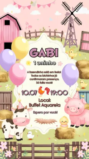 Convite de Aniversário Fazendinha Menina Fofo para Editar