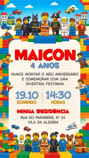 Convite de Aniversário Infantil Lego: Modelo Digital Editável