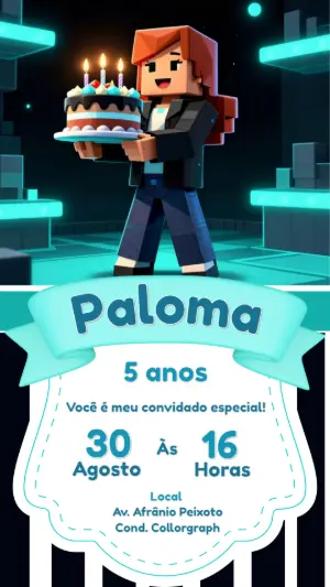 Convite de Aniversário Menina Gamer Estilo Blocos Editável