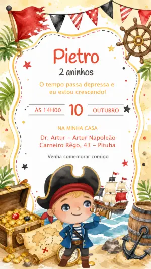 Convite de Aniversário Pirata Infantil Aquarela Editável