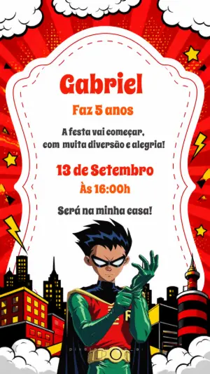 Convite de Aniversário Robin: Modelo Digital para Editar