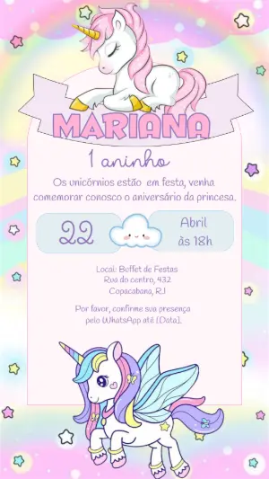 Convite de Aniversário Unicórnio Mágico Modelo Editável
