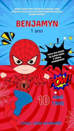 Convite de Aniversário Homem-Aranha Infantil para Editar