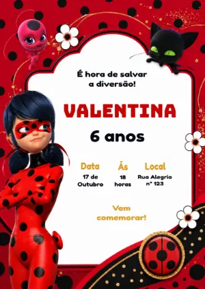 Convite de Aniversário Miraculous Ladybug | Modelo Editável