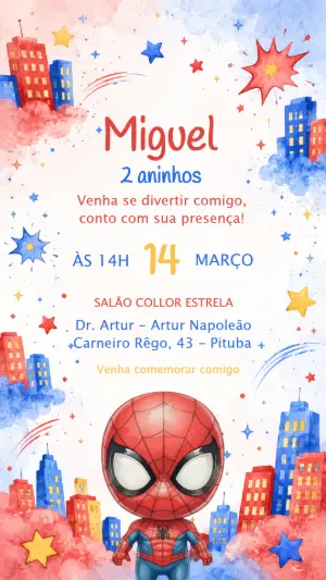 Convite de Aniversário Homem-Aranha Aquarela Editável
