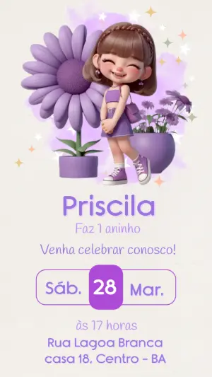 Convite de Aniversário Boneca 3D Roxo para Editar