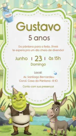 Convite de Aniversário Shrek no Pântano Modelo Digital Editável