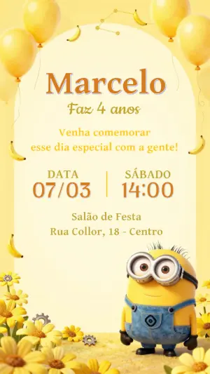 Convite de Aniversário Minions Amarelo Divertido para Editar