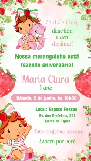 Convite de Aniversário Moranguinho Baby para Editar Online