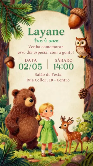 Convite de Aniversário Infantil Bosque Encantado Editável