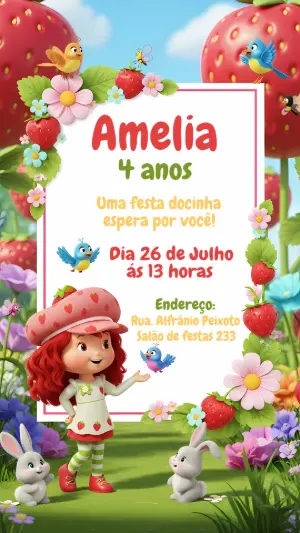 Convite Aniversário Moranguinho Editável para Editar Online