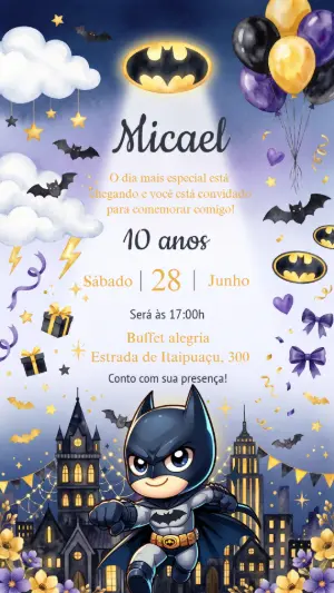 Convite de Aniversário Batman Fofo Aquarela para Editar