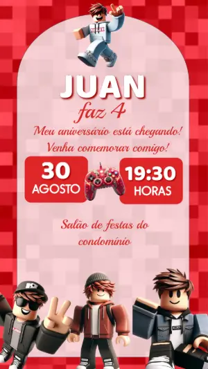 Convite de Aniversário Roblox Vermelho Gamer Editável