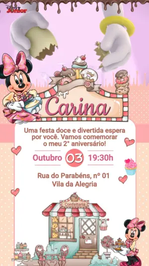 Convite Animado Minnie Confeiteira para Aniversário Editável