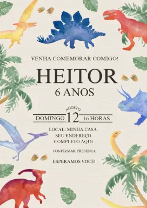 Convite de Aniversário Dinossauro Aquarela para Editar