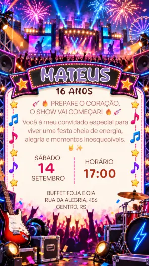 Convite de Aniversário Editável Tema Show de Rock
