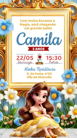 Convite de Aniversário A Bela e a Fera Editável