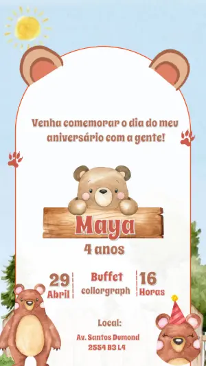 Convite de Aniversário Ursinho Fofo para Editar Online
