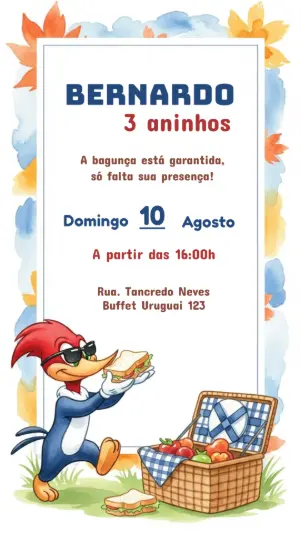 Convite de Aniversário Pica-Pau Piquenique Modelo Editável