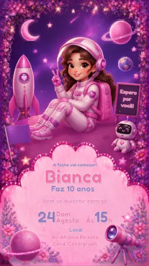 Convite Aniversário Astronauta Menina Rosa Modelo Editável