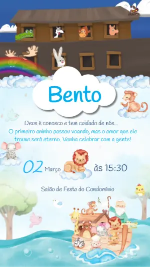 Convite Animado Aniversário Arca de Noé Fofo para Editar