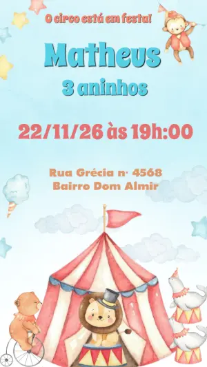 Convite de Aniversário Circo Aquarela Infantil para Editar