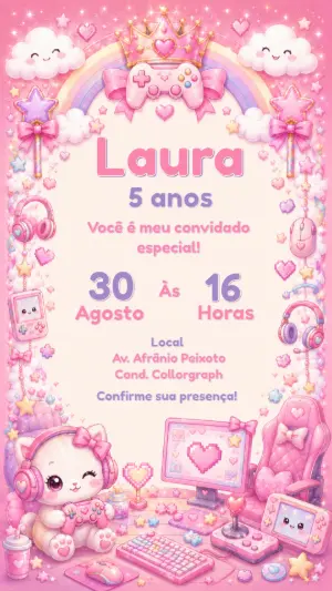 Convite Digital Aniversário Gamer Menina Rosa Editável