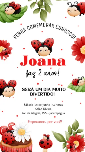 Convite Aniversário Joaninha Fofa para Editar Online