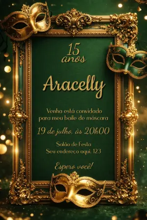Convite de 15 Anos Baile de Máscaras Verde e Dourado Editável
