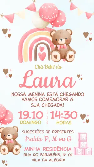 Convite Chá de Bebê Ursinha Rosa com Arco-Íris Modelo Editável