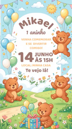 Convite de Aniversário Ursinho Fofo Modelo Digital Editável