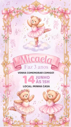 Convite de Aniversário Ursinha Bailarina Rosa Editável