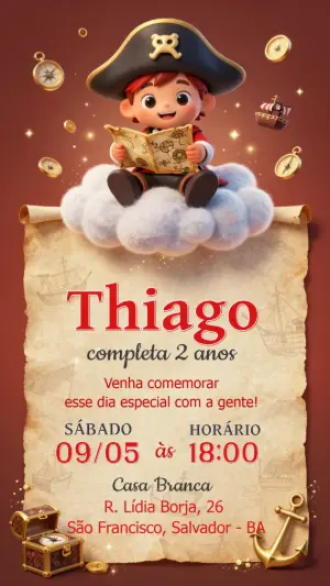 Convite de Aniversário Pirata Infantil: Modelo Digital Editável