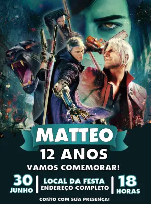 Convite de Aniversário Gamer Devil May Cry Editável