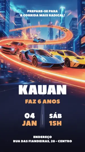 Convite Aniversário Carros de Corrida Radical para Editar