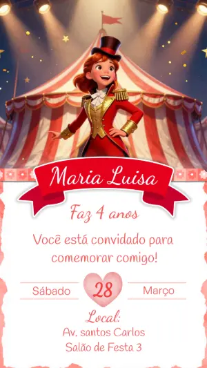 Convite de Aniversário Circo Menina Apresentadora Editável