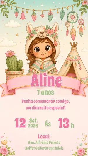 Convite de Aniversário Lhama Boho com Cactos para Editar