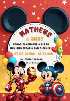 Convite de Aniversário Mickey Vingadores para Editar Online