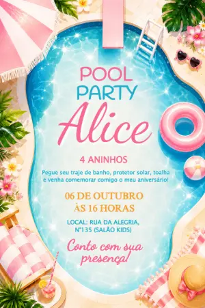 Convite de Aniversário Festa na Piscina Menina para Editar
