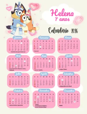 Calendário 2026 Bluey e Bingo Editável para Aniversário Infantil