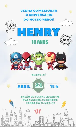 Convite de Aniversário Vingadores Heróis Chibi para Editar e Enviar
